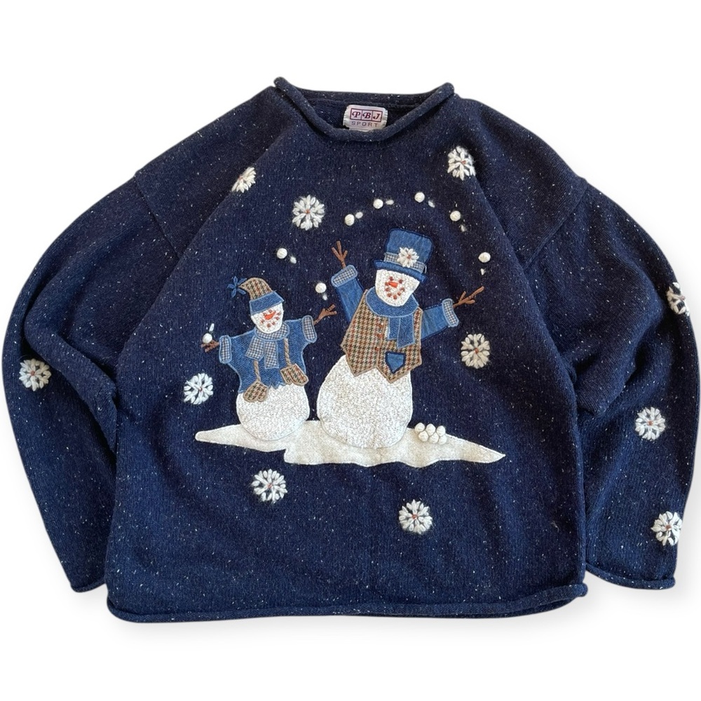 Vintage PBJ Sport Navy Blue Wool Blend Knit Embroidered Snowman Sweater M Winter